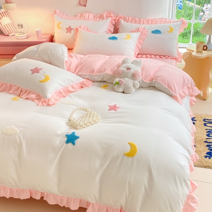 雨菲家纺 2025新款公主风水洗棉四件套-星月 星月粉白