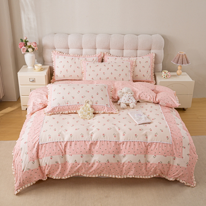 91家纺网 家纺一手货源 找家纺 皇谱家纺 新款韩版欧彩棉四件套磨毛直播爆款专版花型 郁金绮梦-粉