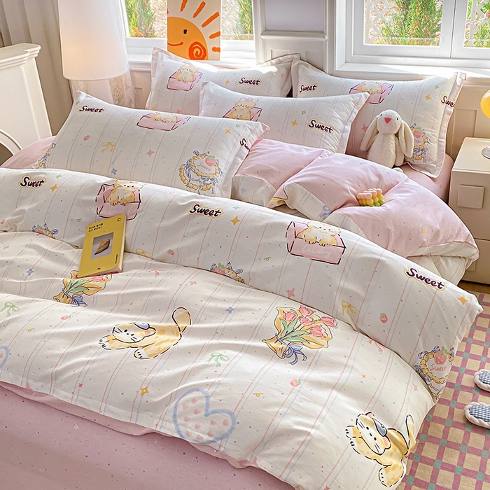 91家纺网 家纺一手货源 找家纺 天之爱 2025新款全棉印花四件套 甜心可爱猫