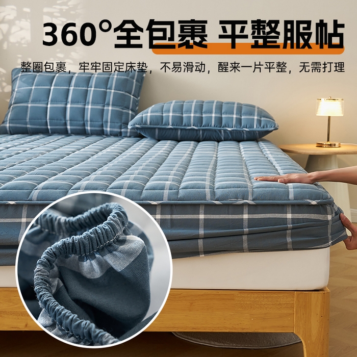 91家纺网 家纺一手货源 找家纺 锦丝钰床垫 2025春夏新款全棉色织水洗棉床笠 海蓝大格