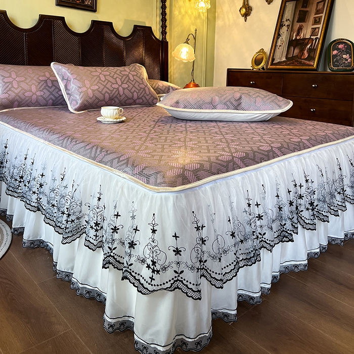 91家纺网 家纺一手货源 找家纺 网红馆（ck家纺） 2025新款可脱卸床裙款冰藤席-盛夏繁星 莲红