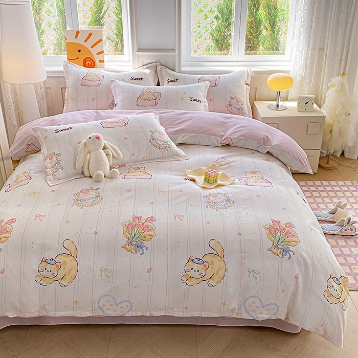 91家纺网 家纺一手货源 找家纺 天之爱 2025新款全棉印花四件套 甜心可爱猫