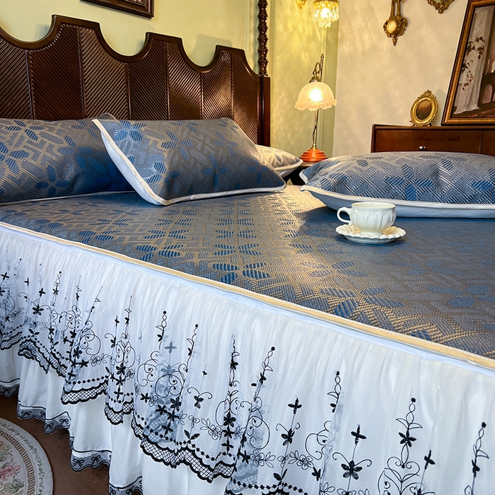 91家纺网 家纺一手货源 找家纺 网红馆（ck家纺） 2025新款可脱卸床裙款冰藤席-盛夏繁星 蔚蓝