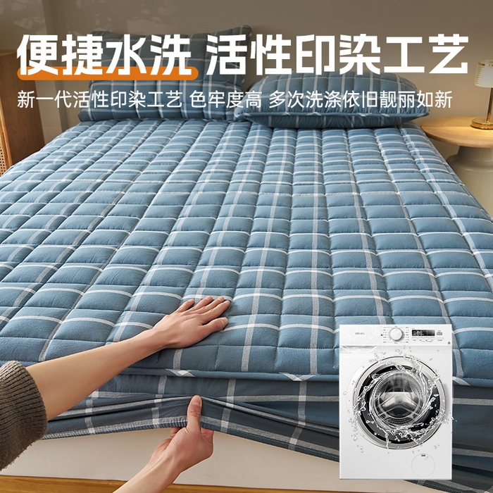 91家纺网 家纺一手货源 找家纺 锦丝钰床垫 2025春夏新款全棉色织水洗棉床笠 海蓝大格