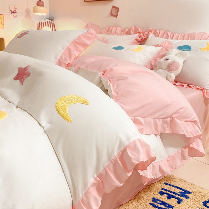 91家纺网 家纺一手货源 找家纺 雨菲家纺 2025新款公主风水洗棉四件套-星月 星月粉白