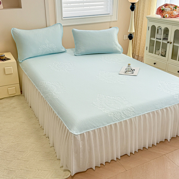 91家纺网 家纺一手货源 找家纺 布卢姆床垫 2025新款A类PE乙纶冰豆豆凉席床裙款 蝴蝶花镜 蓝