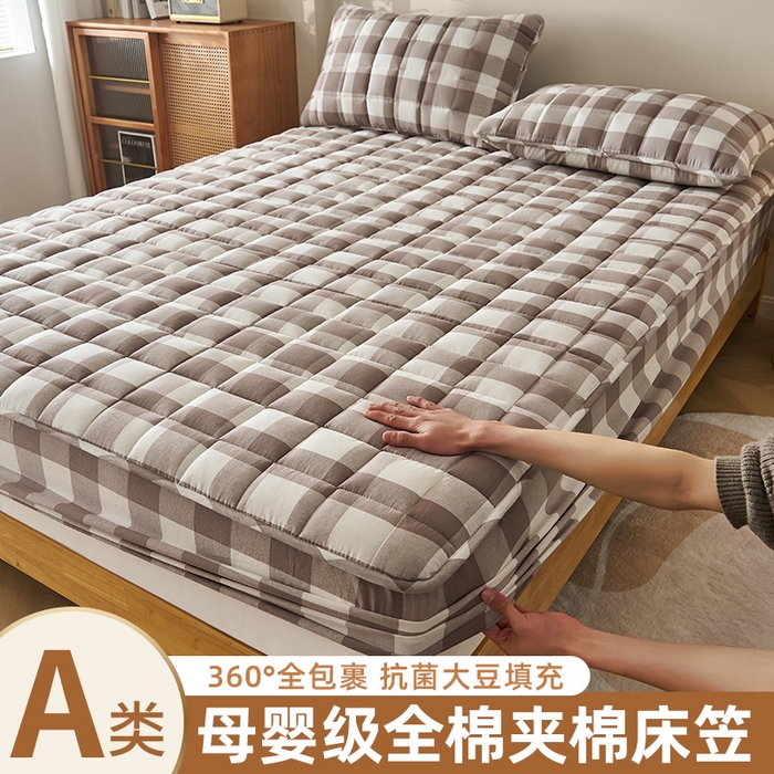 91家纺网 家纺一手货源 找家纺 锦丝钰床垫 2025春夏新款全棉色织水洗棉床笠 灰中格