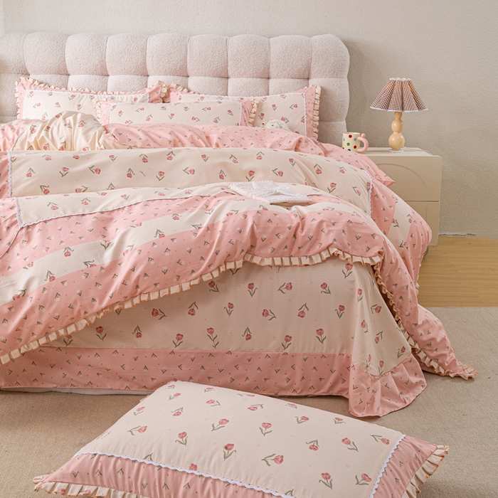 91家纺网 家纺一手货源 找家纺 皇谱家纺 新款韩版欧彩棉四件套磨毛直播爆款专版花型 郁金绮梦-粉