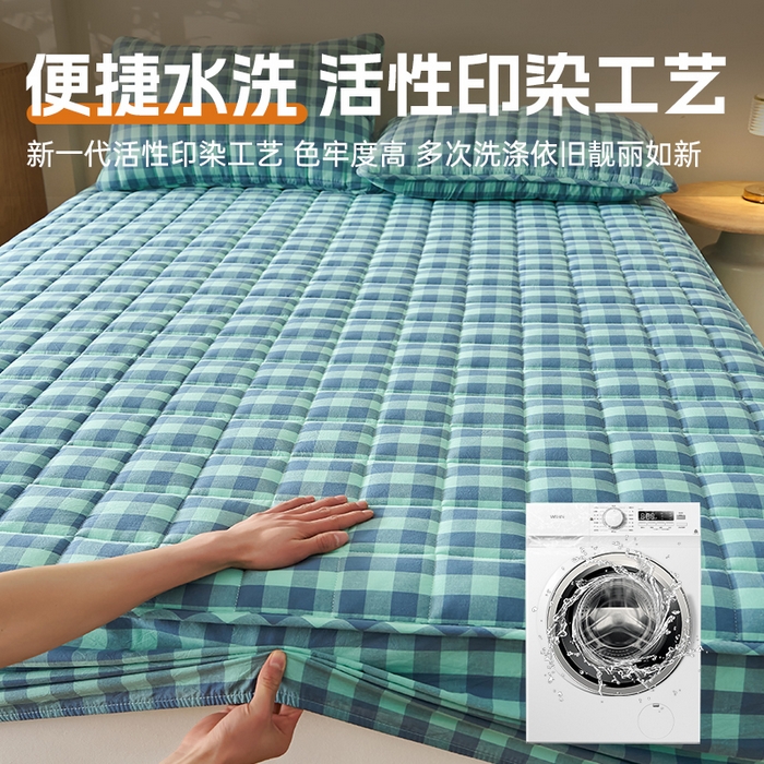 91家纺网 家纺一手货源 找家纺 锦丝钰床垫 2025春夏新款全棉色织水洗棉床笠 蓝绿中格