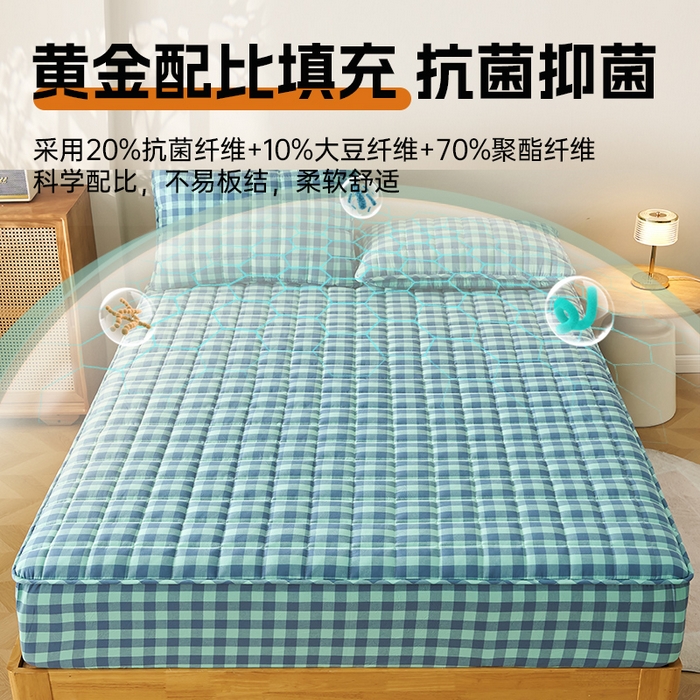 91家纺网 家纺一手货源 找家纺 锦丝钰床垫 2025春夏新款全棉色织水洗棉床笠 蓝绿中格