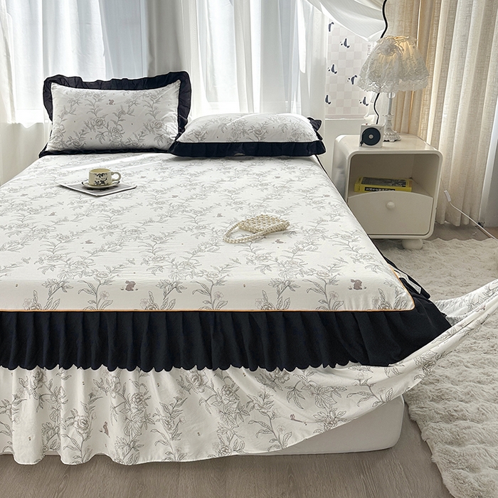 91家纺网 家纺一手货源 找家纺 笠裙家纺 2025新款水洗棉床裙 荷叶花边法式赫本风床裙 花恋