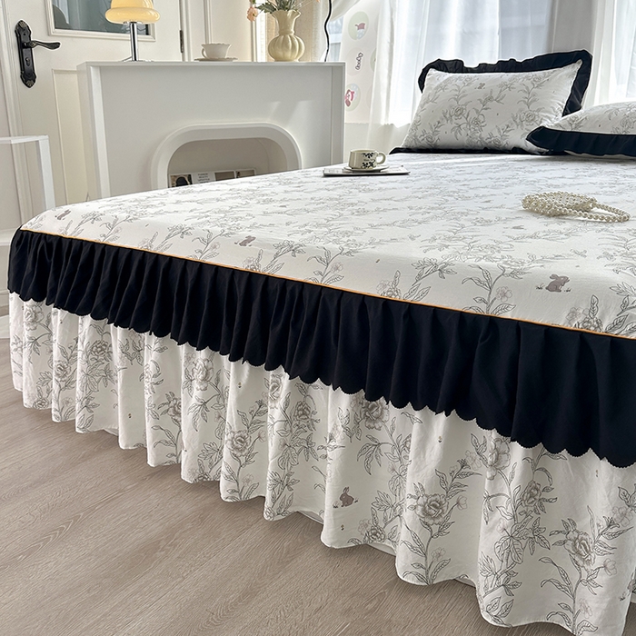 91家纺网 家纺一手货源 找家纺 笠裙家纺 2025新款水洗棉床裙 荷叶花边法式赫本风床裙 花恋