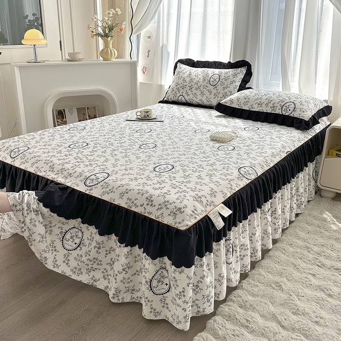 91家纺网 家纺一手货源 找家纺 笠裙家纺 2025新款水洗棉床裙 荷叶花边法式赫本风床裙 花香