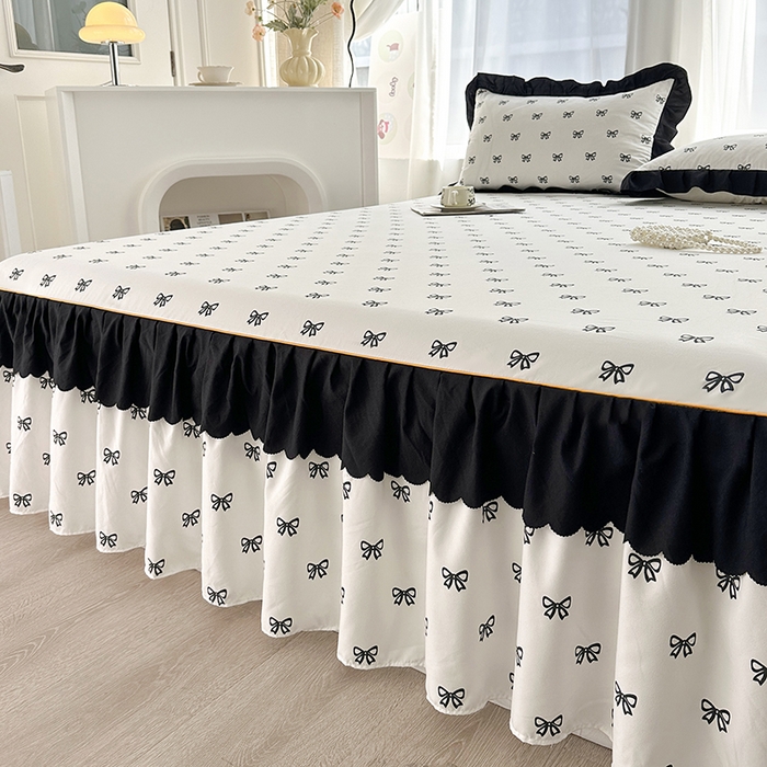 91家纺网 家纺一手货源 找家纺 笠裙家纺 2025新款水洗棉床裙 荷叶花边法式赫本风床裙 蝴蝶结