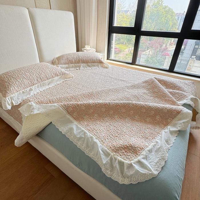 91家纺网 家纺一手货源 找家纺 8+8 2025新款全棉双层纱床盖三件套 黛秋