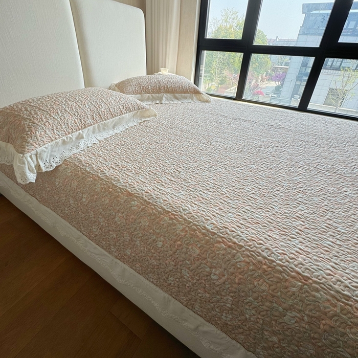 91家纺网 家纺一手货源 找家纺 8+8 2025新款全棉双层纱床盖三件套 黛秋