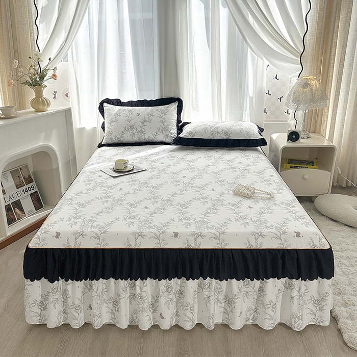 91家纺网 家纺一手货源 找家纺 笠裙家纺 2025新款水洗棉床裙 荷叶花边法式赫本风床裙 花恋