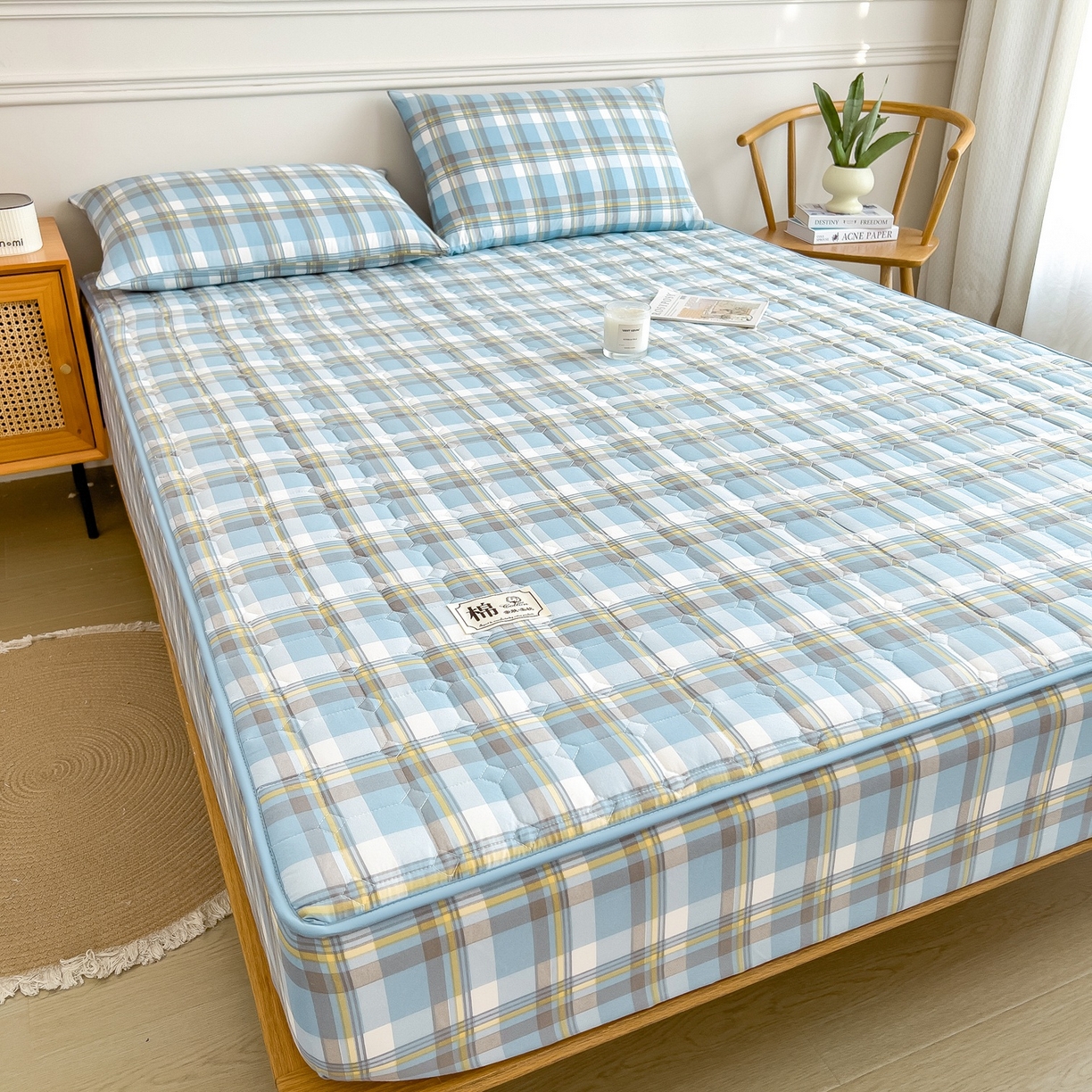 91家纺网 家纺一手货源 找家纺 蕾诺家纺 2025新款新疆棉花夹棉床垫床笠保护套 简兮蓝