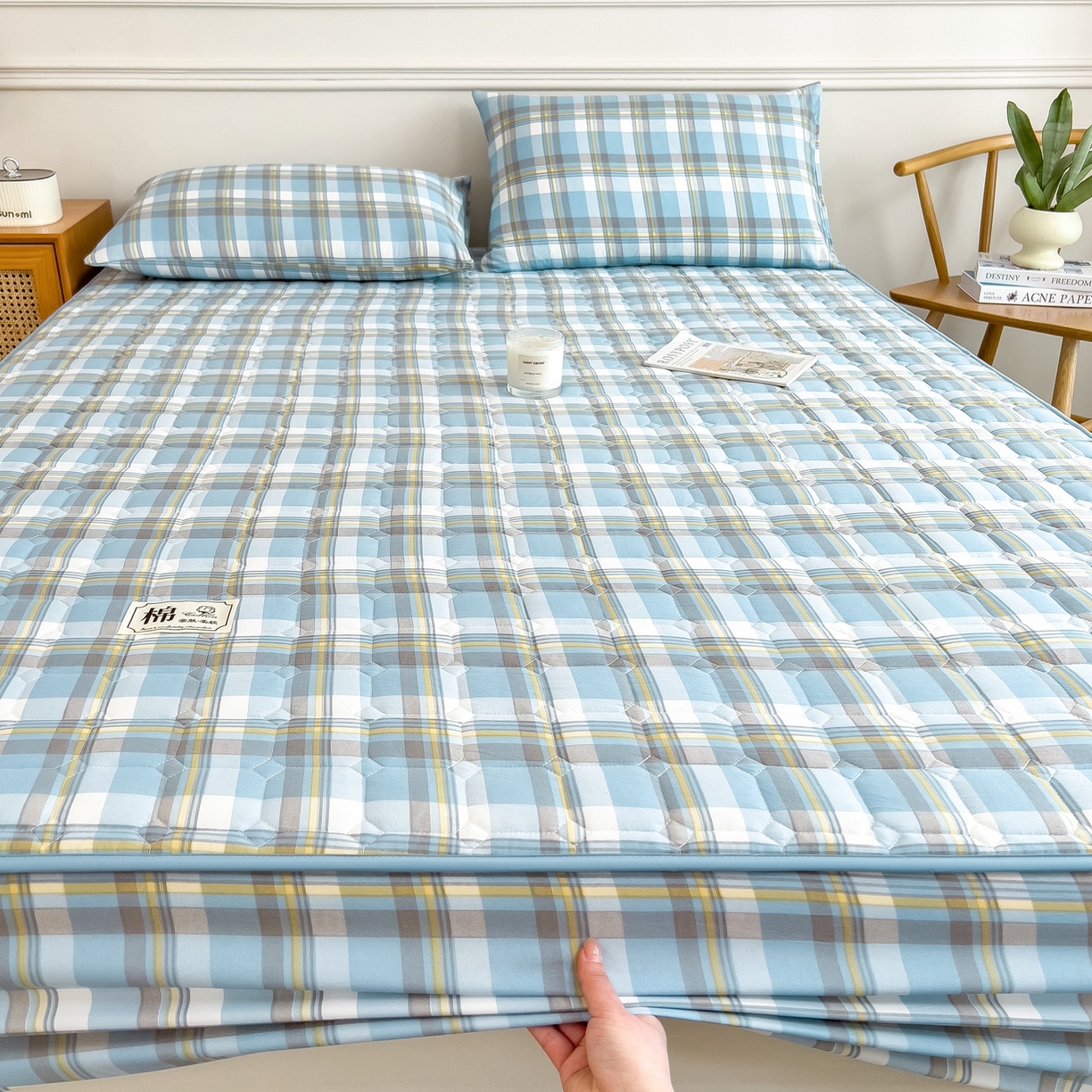 91家纺网 家纺一手货源 找家纺 蕾诺家纺 2025新款新疆棉花夹棉床垫床笠保护套 简兮蓝