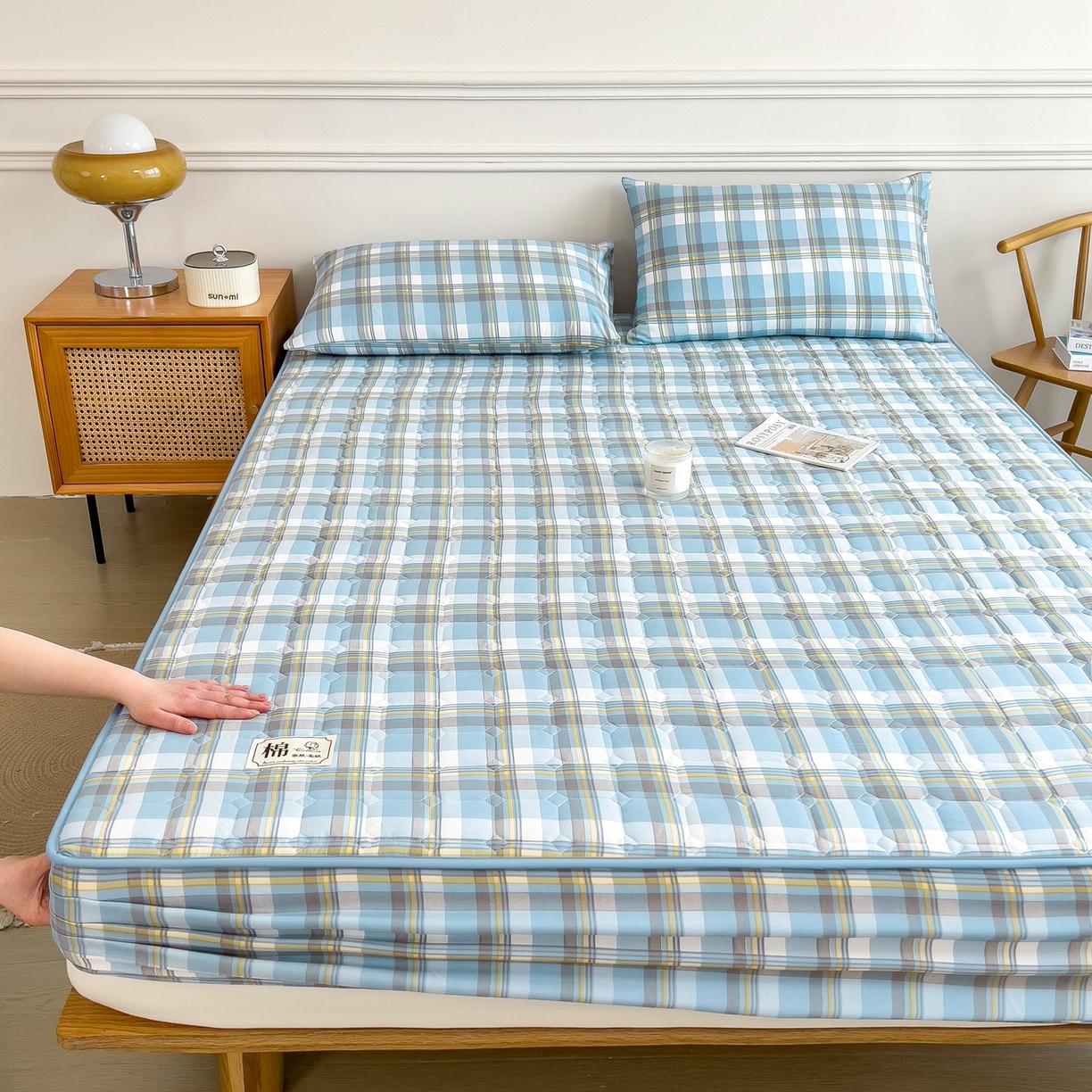 91家纺网 家纺一手货源 找家纺 蕾诺家纺 2025新款新疆棉花夹棉床垫床笠保护套 简兮蓝