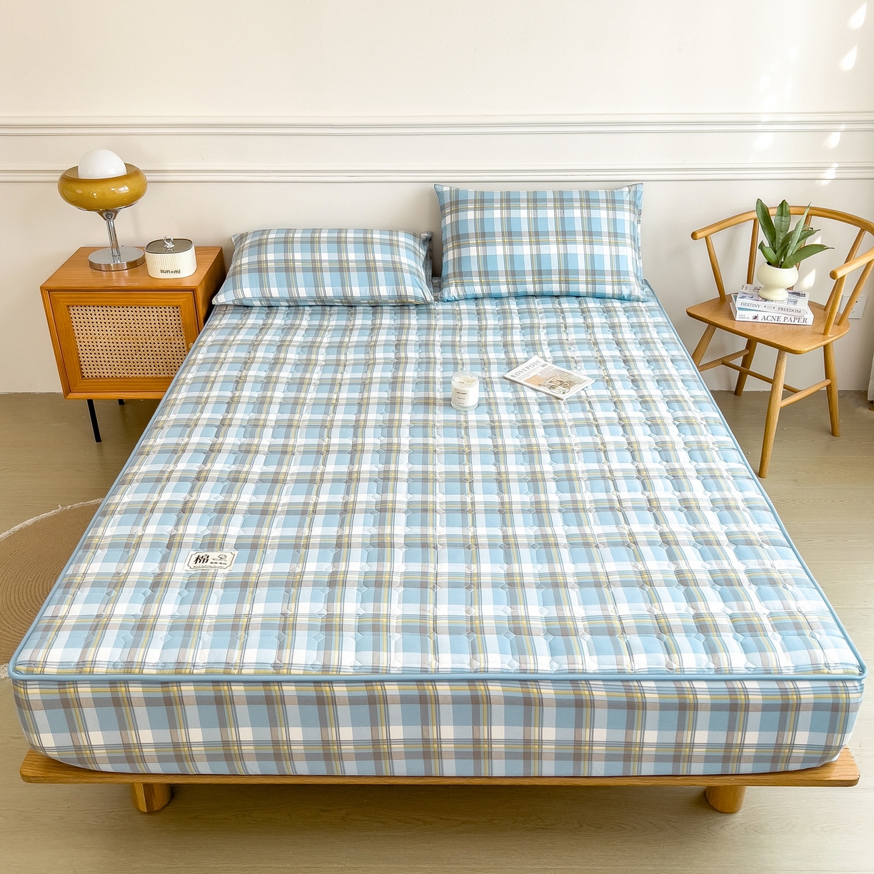 91家纺网 家纺一手货源 找家纺 蕾诺家纺 2025新款新疆棉花夹棉床垫床笠保护套 简兮蓝