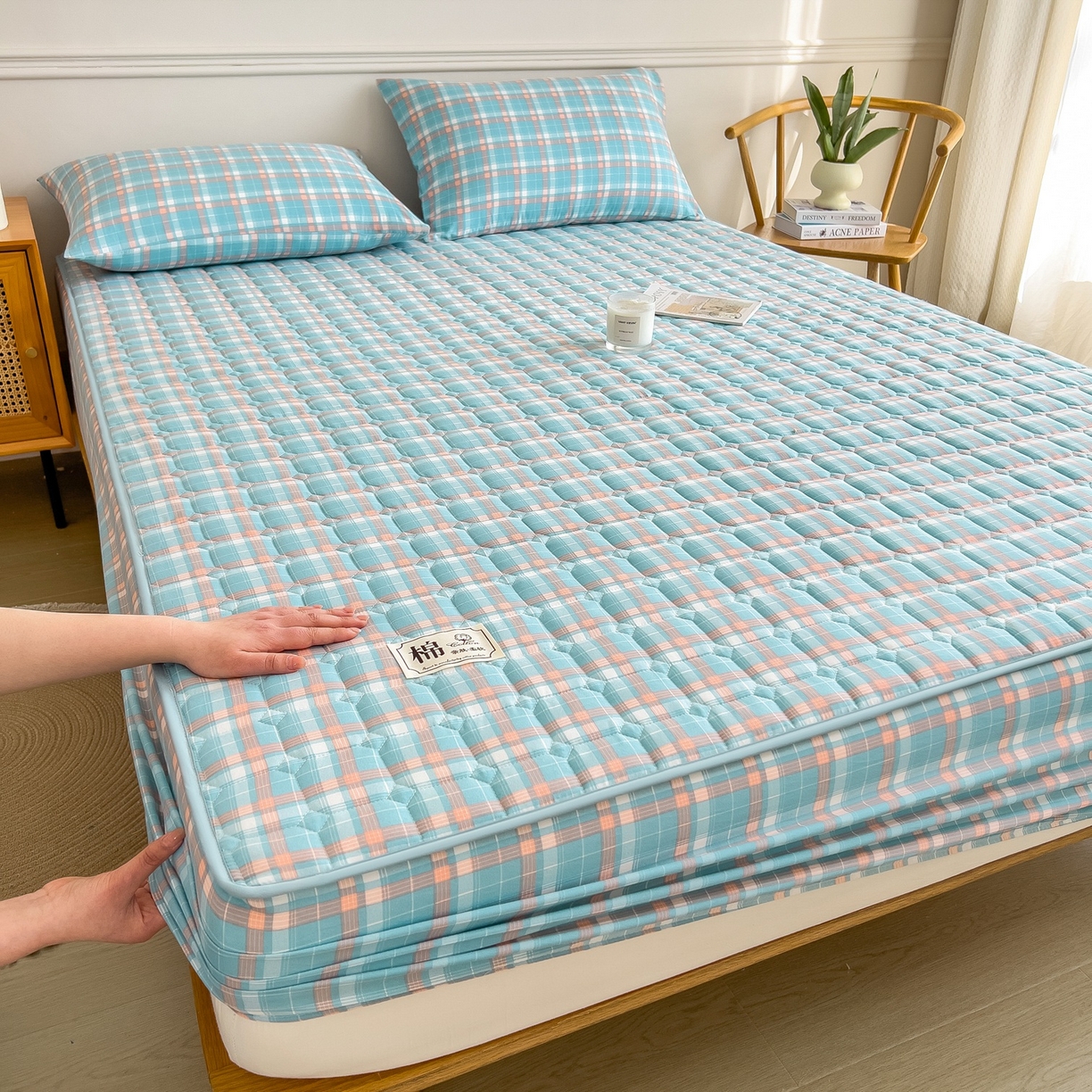 蕾诺家纺 2025新款新疆棉花夹棉床垫床笠保护套 青春浅蓝