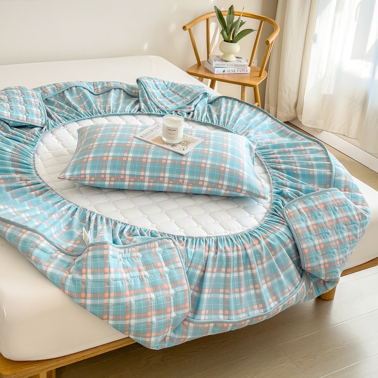 91家纺网 家纺一手货源 找家纺 蕾诺家纺 2025新款新疆棉花夹棉床垫床笠保护套 青春浅蓝