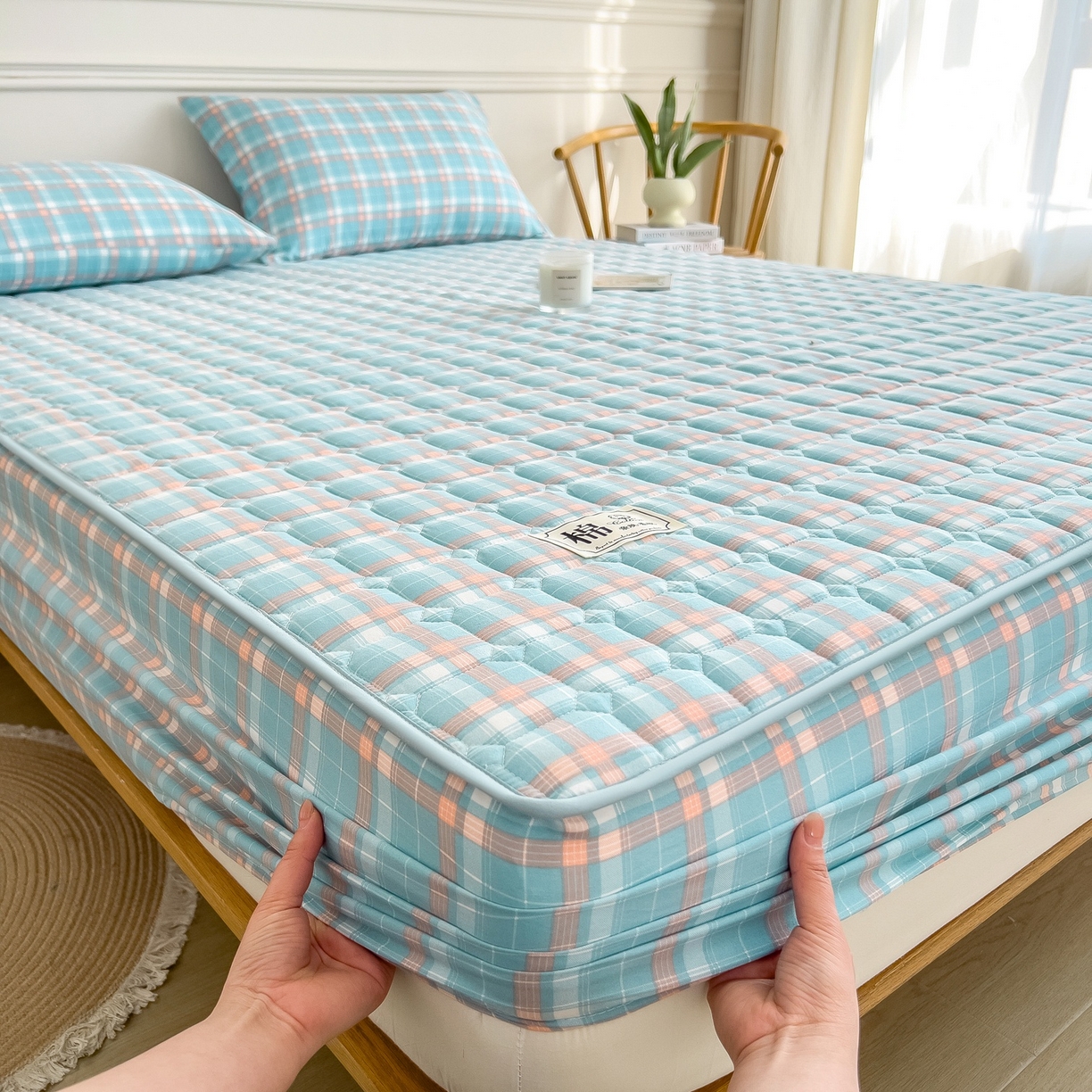 91家纺网 家纺一手货源 找家纺 蕾诺家纺 2025新款新疆棉花夹棉床垫床笠保护套 青春浅蓝