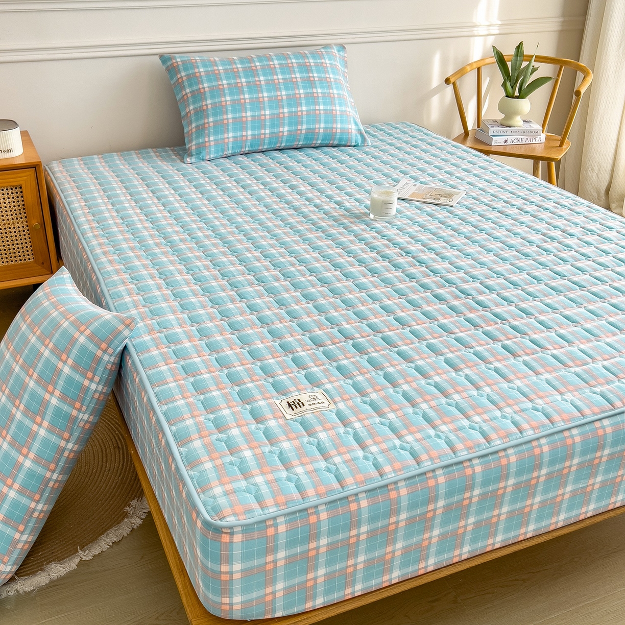 91家纺网 家纺一手货源 找家纺 蕾诺家纺 2025新款新疆棉花夹棉床垫床笠保护套 青春浅蓝