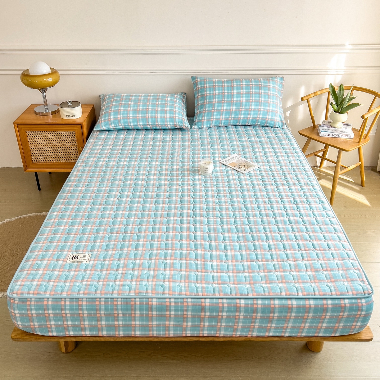 91家纺网 家纺一手货源 找家纺 蕾诺家纺 2025新款新疆棉花夹棉床垫床笠保护套 青春浅蓝