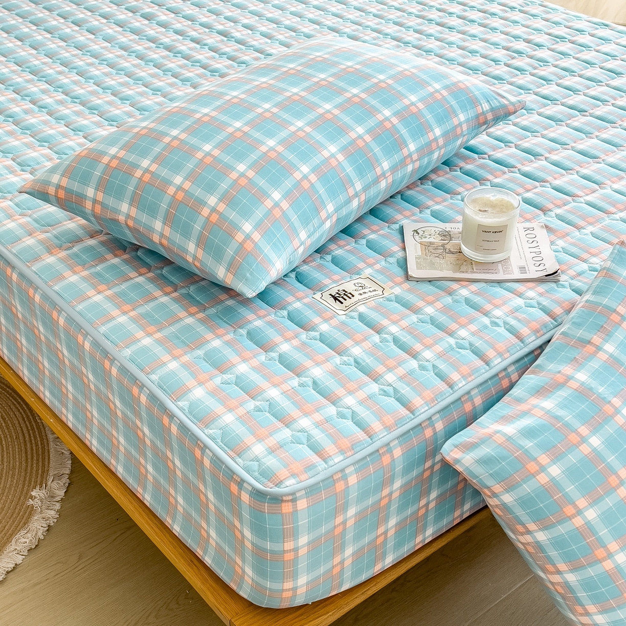 91家纺网 家纺一手货源 找家纺 蕾诺家纺 2025新款新疆棉花夹棉床垫床笠保护套 青春浅蓝