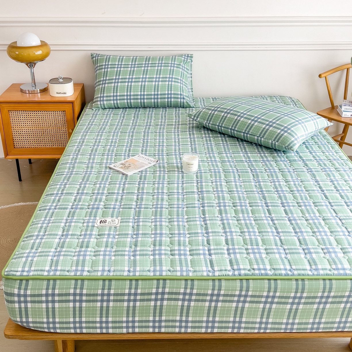 91家纺网 家纺一手货源 找家纺 蕾诺家纺 2025新款新疆棉花夹棉床垫床笠保护套 时光绿