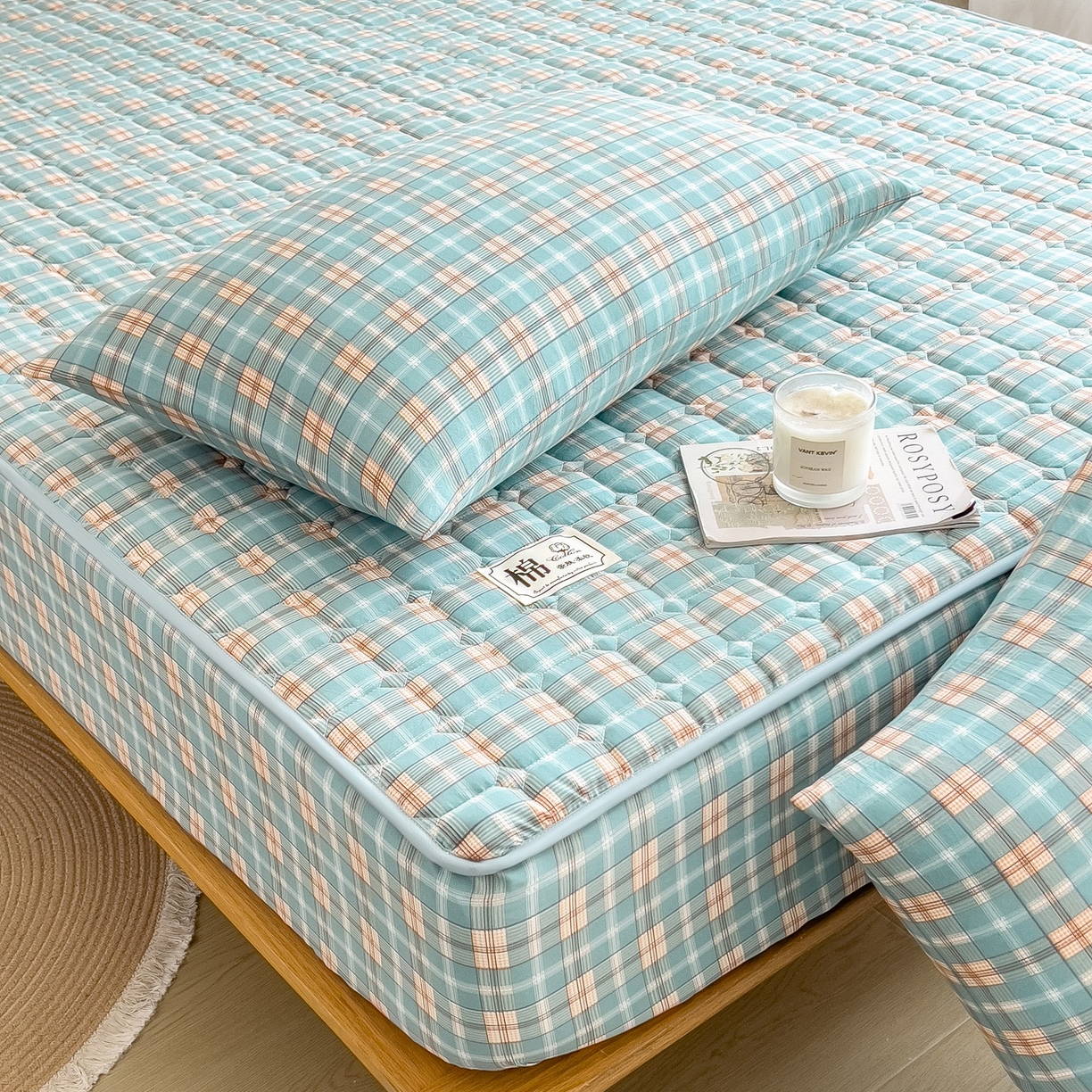 91家纺网 家纺一手货源 找家纺 蕾诺家纺 2025新款新疆棉花夹棉床垫床笠保护套 威尼斯绿