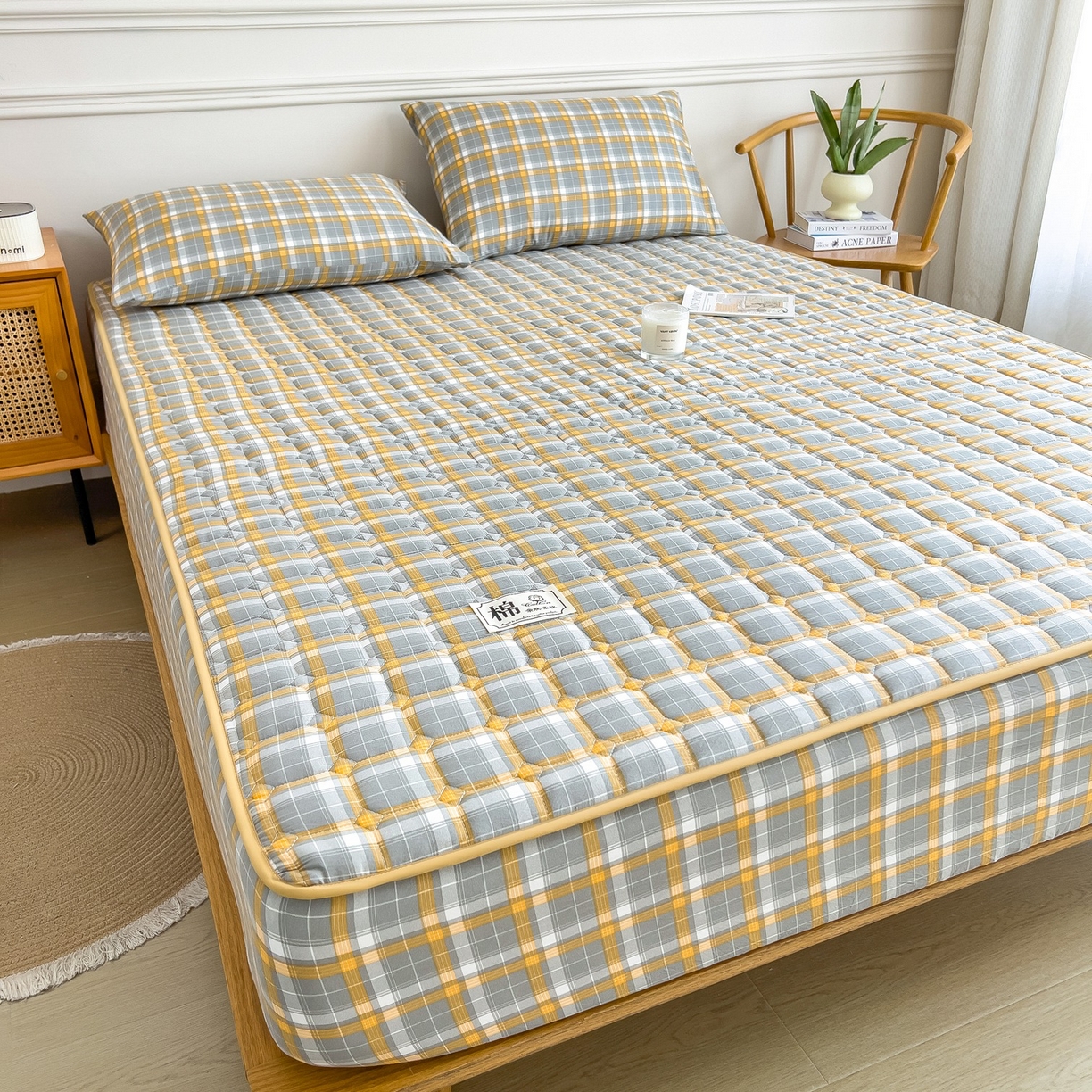 91家纺网 家纺一手货源 找家纺 蕾诺家纺 2025新款新疆棉花夹棉床垫床笠保护套 心语-咖