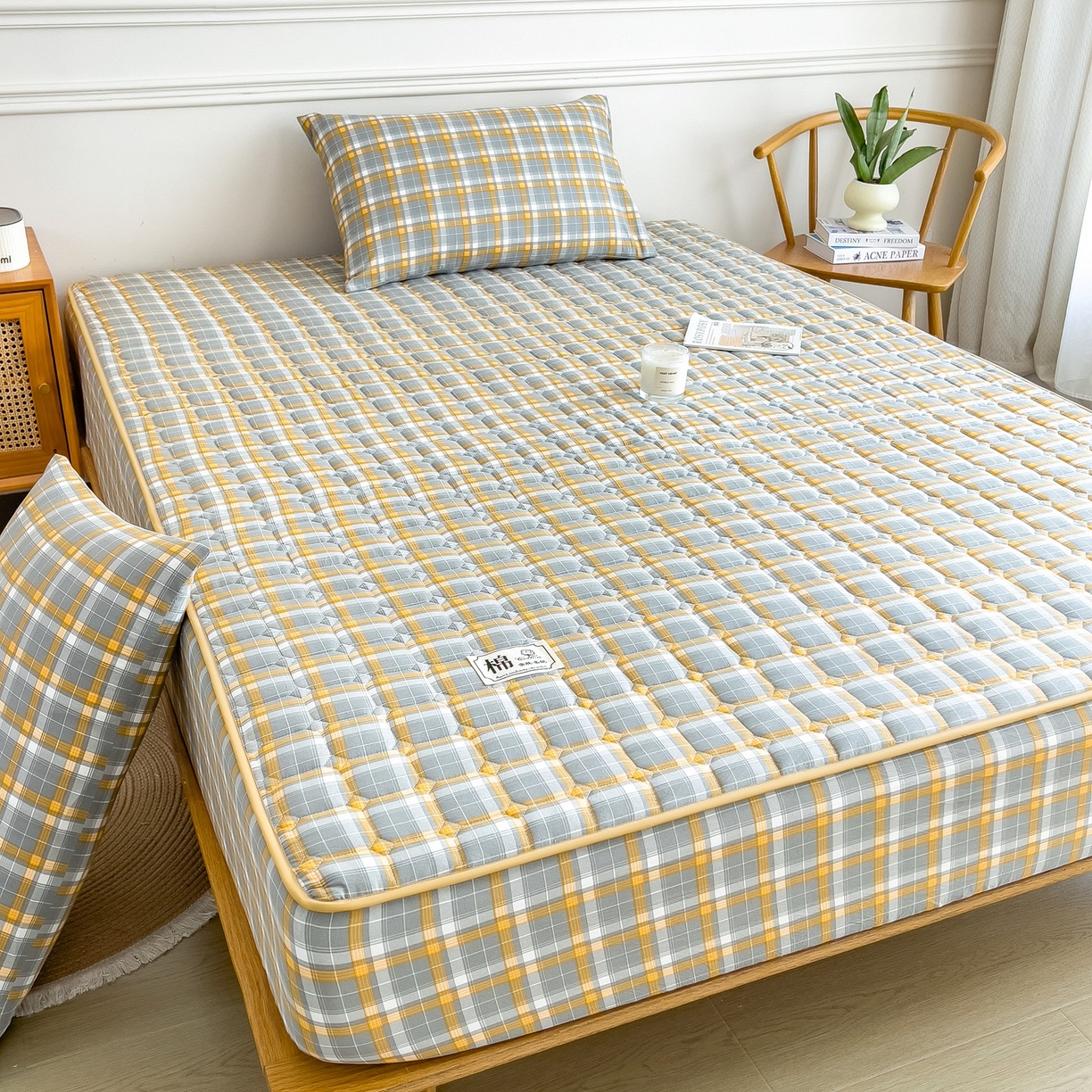 91家纺网 家纺一手货源 找家纺 蕾诺家纺 2025新款新疆棉花夹棉床垫床笠保护套 心语-咖