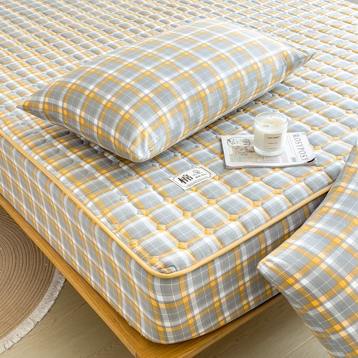 91家纺网 家纺一手货源 找家纺 蕾诺家纺 2025新款新疆棉花夹棉床垫床笠保护套 心语-咖