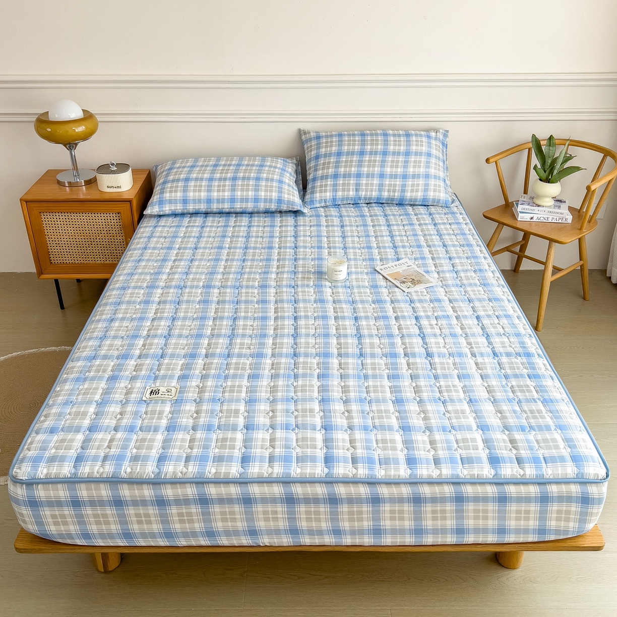 91家纺网 家纺一手货源 找家纺 蕾诺家纺 2025新款新疆棉花夹棉床垫床笠保护套 心语蓝