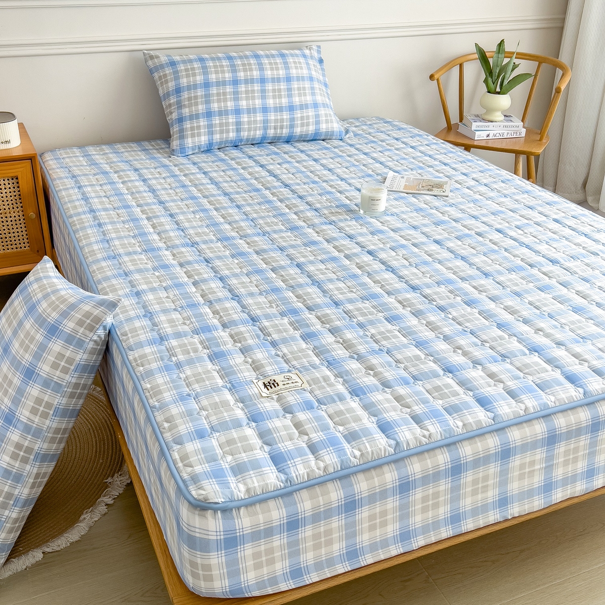 91家纺网 家纺一手货源 找家纺 蕾诺家纺 2025新款新疆棉花夹棉床垫床笠保护套 心语蓝