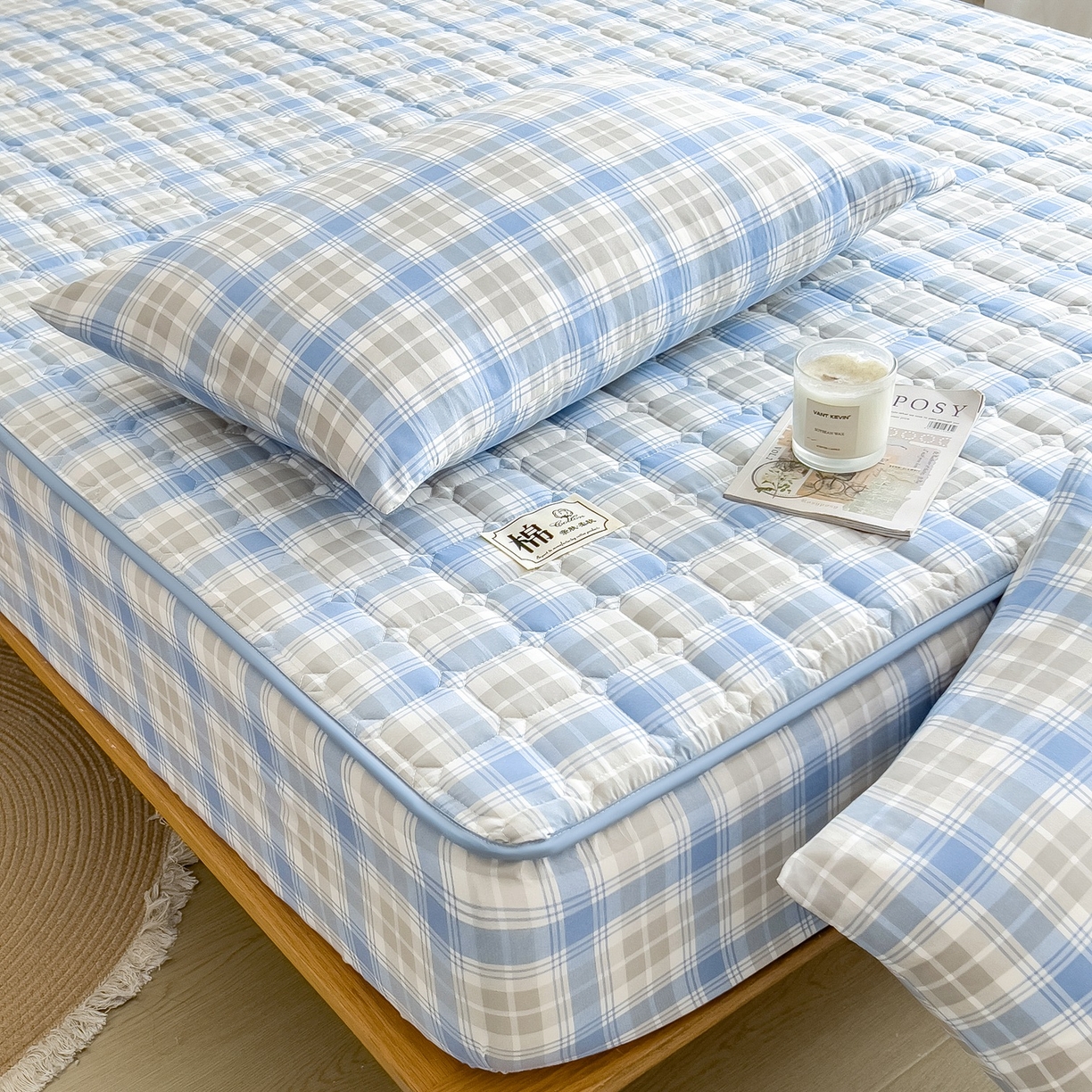 91家纺网 家纺一手货源 找家纺 蕾诺家纺 2025新款新疆棉花夹棉床垫床笠保护套 心语蓝