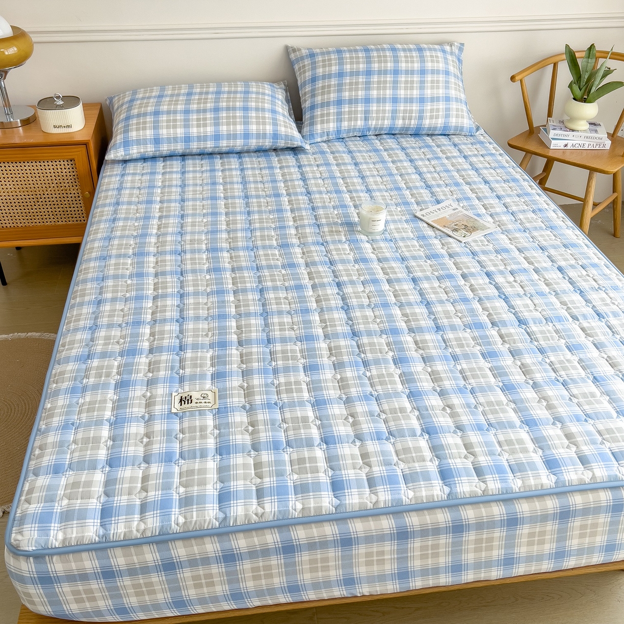 91家纺网 家纺一手货源 找家纺 蕾诺家纺 2025新款新疆棉花夹棉床垫床笠保护套 心语蓝