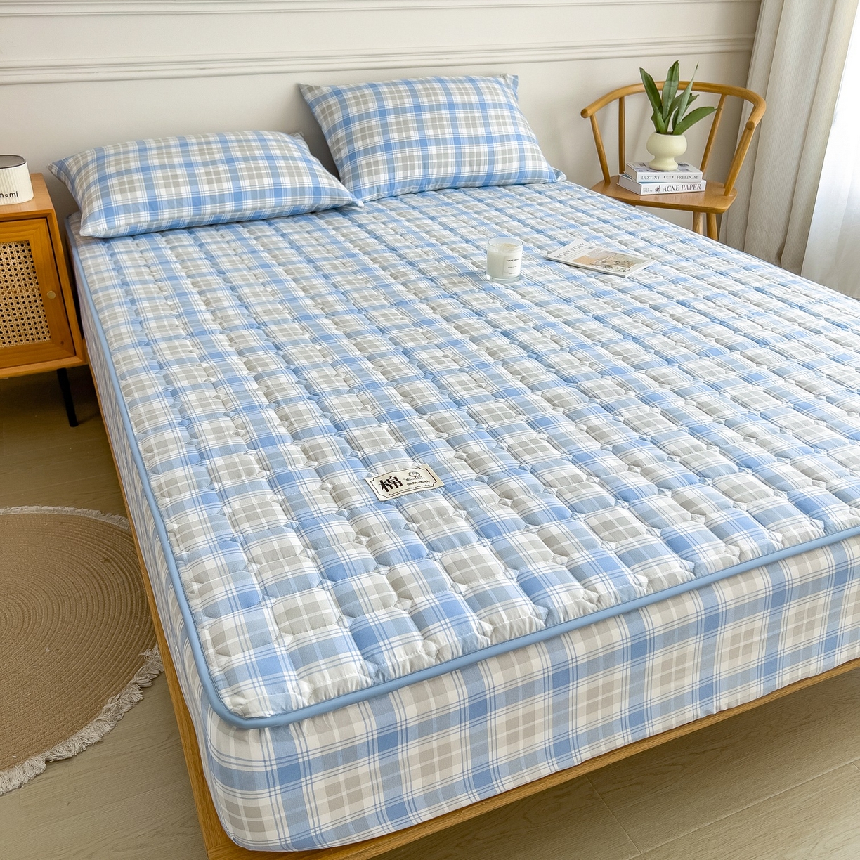 91家纺网 家纺一手货源 找家纺 蕾诺家纺 2025新款新疆棉花夹棉床垫床笠保护套 心语蓝