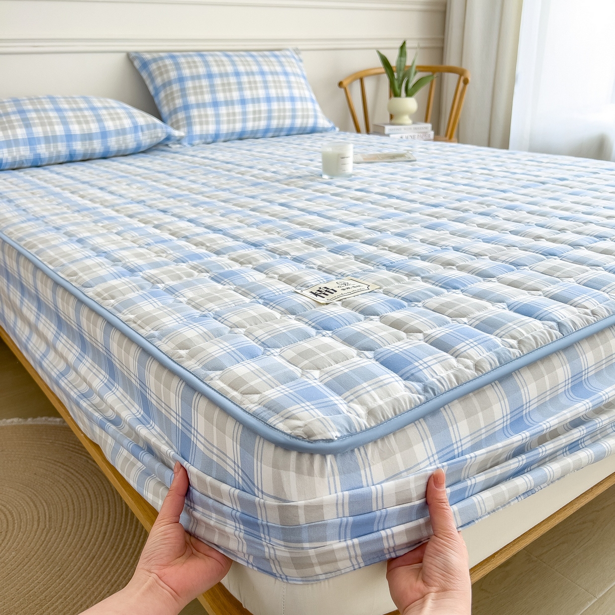 91家纺网 家纺一手货源 找家纺 蕾诺家纺 2025新款新疆棉花夹棉床垫床笠保护套 心语蓝