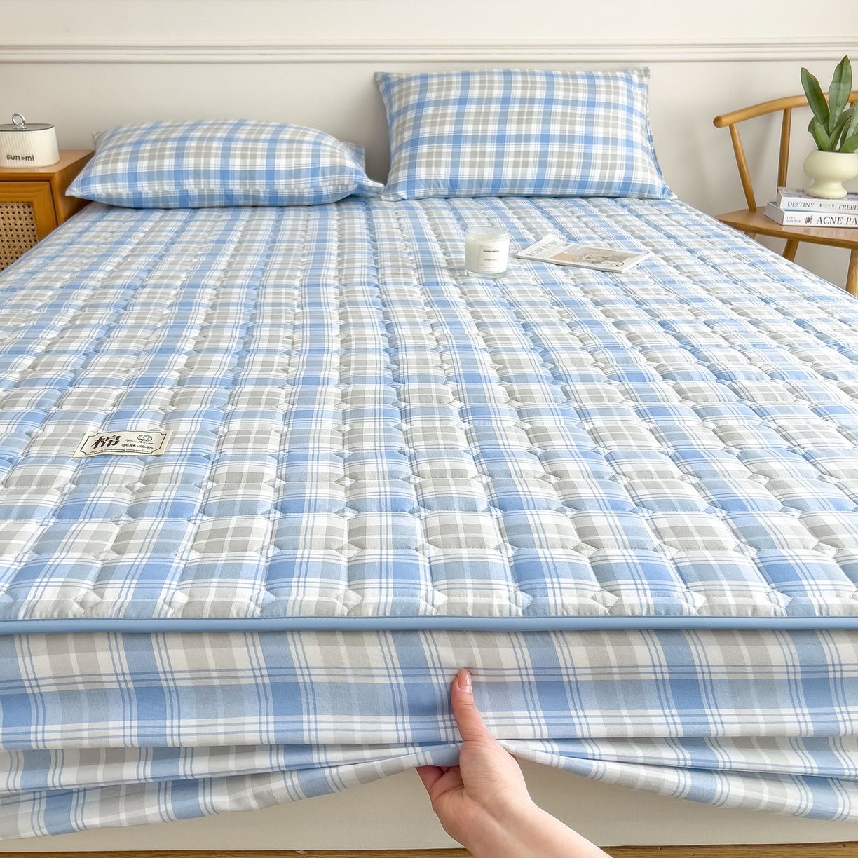 91家纺网 家纺一手货源 找家纺 蕾诺家纺 2025新款新疆棉花夹棉床垫床笠保护套 心语蓝