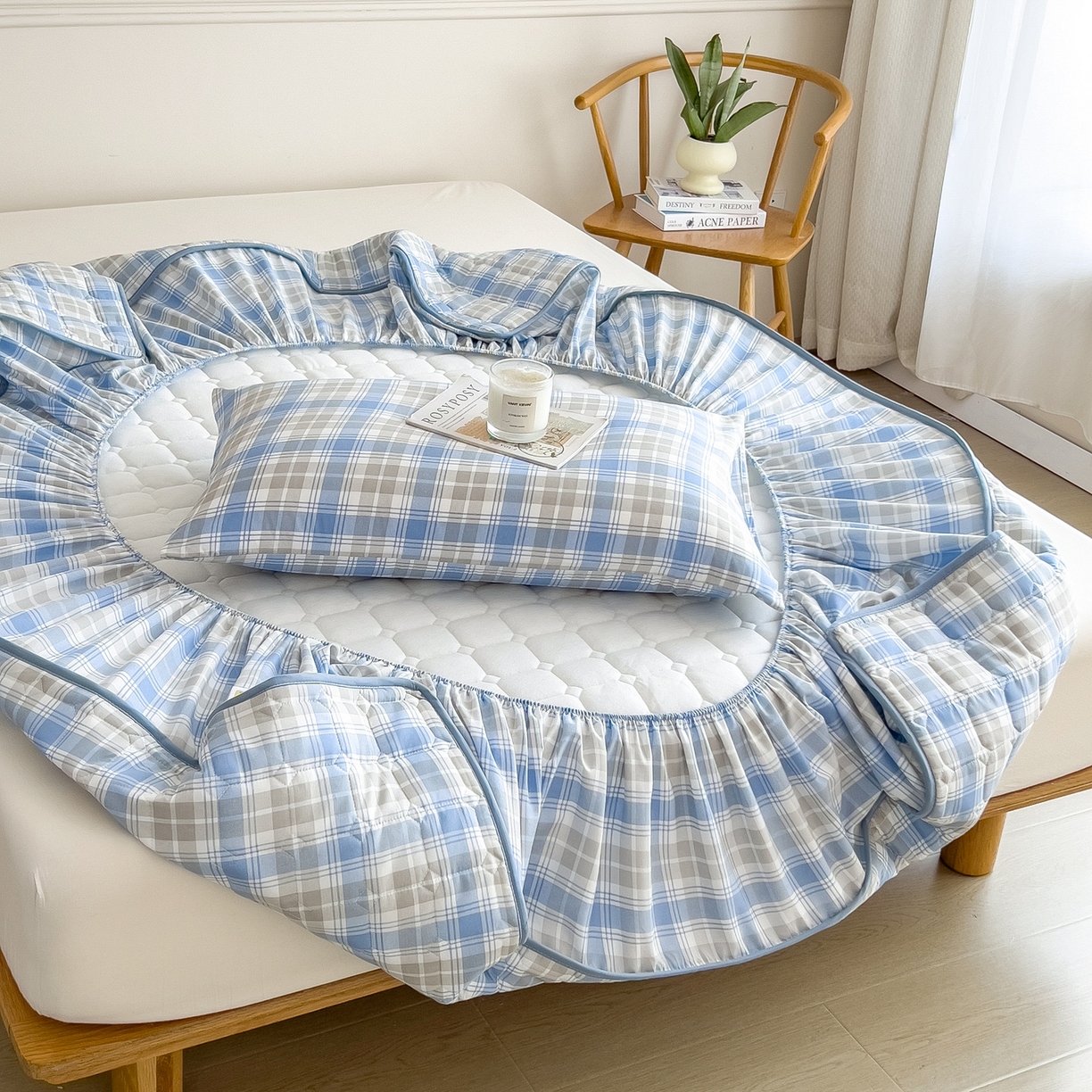 91家纺网 家纺一手货源 找家纺 蕾诺家纺 2025新款新疆棉花夹棉床垫床笠保护套 心语蓝