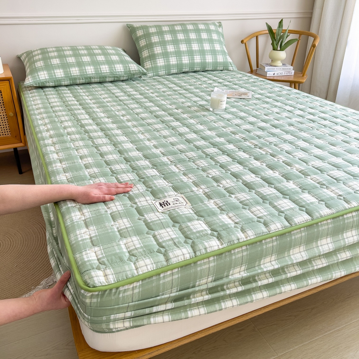 蕾诺家纺 2025新款新疆棉花夹棉床垫床笠保护套 心语-绿