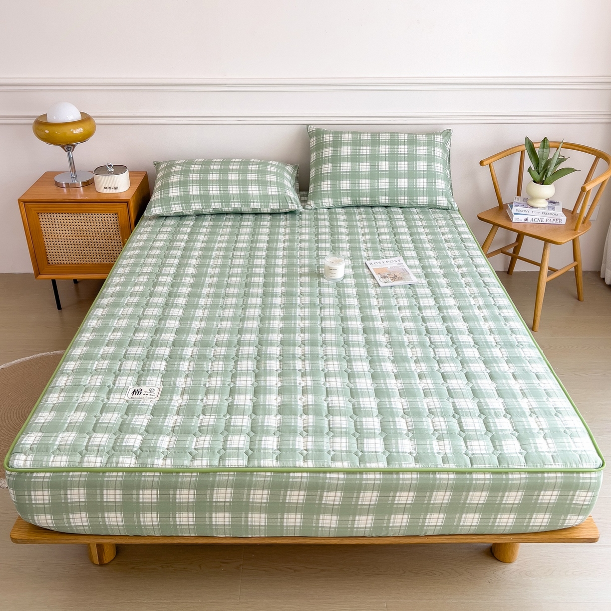 91家纺网 家纺一手货源 找家纺 蕾诺家纺 2025新款新疆棉花夹棉床垫床笠保护套 心语-绿