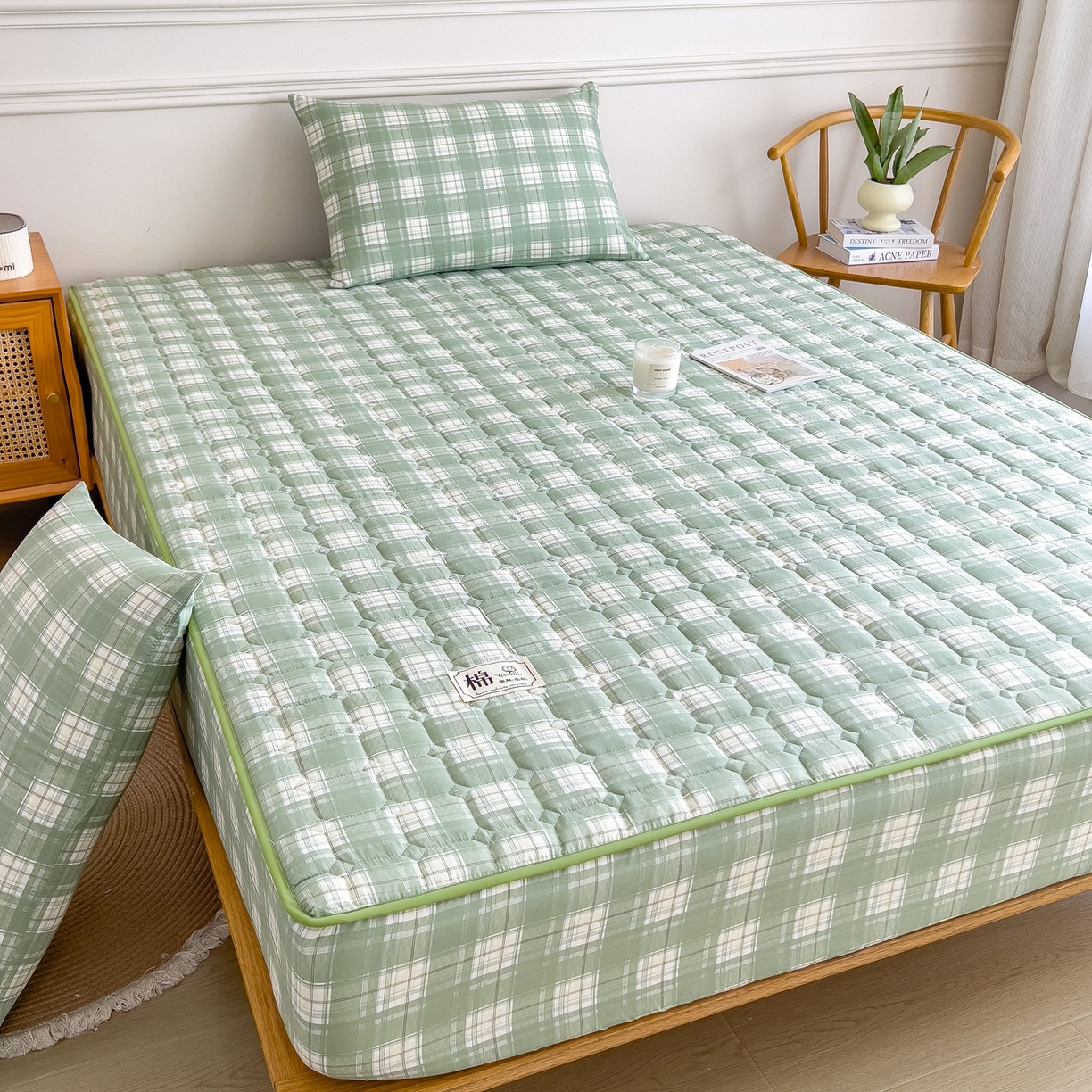 91家纺网 家纺一手货源 找家纺 蕾诺家纺 2025新款新疆棉花夹棉床垫床笠保护套 心语-绿