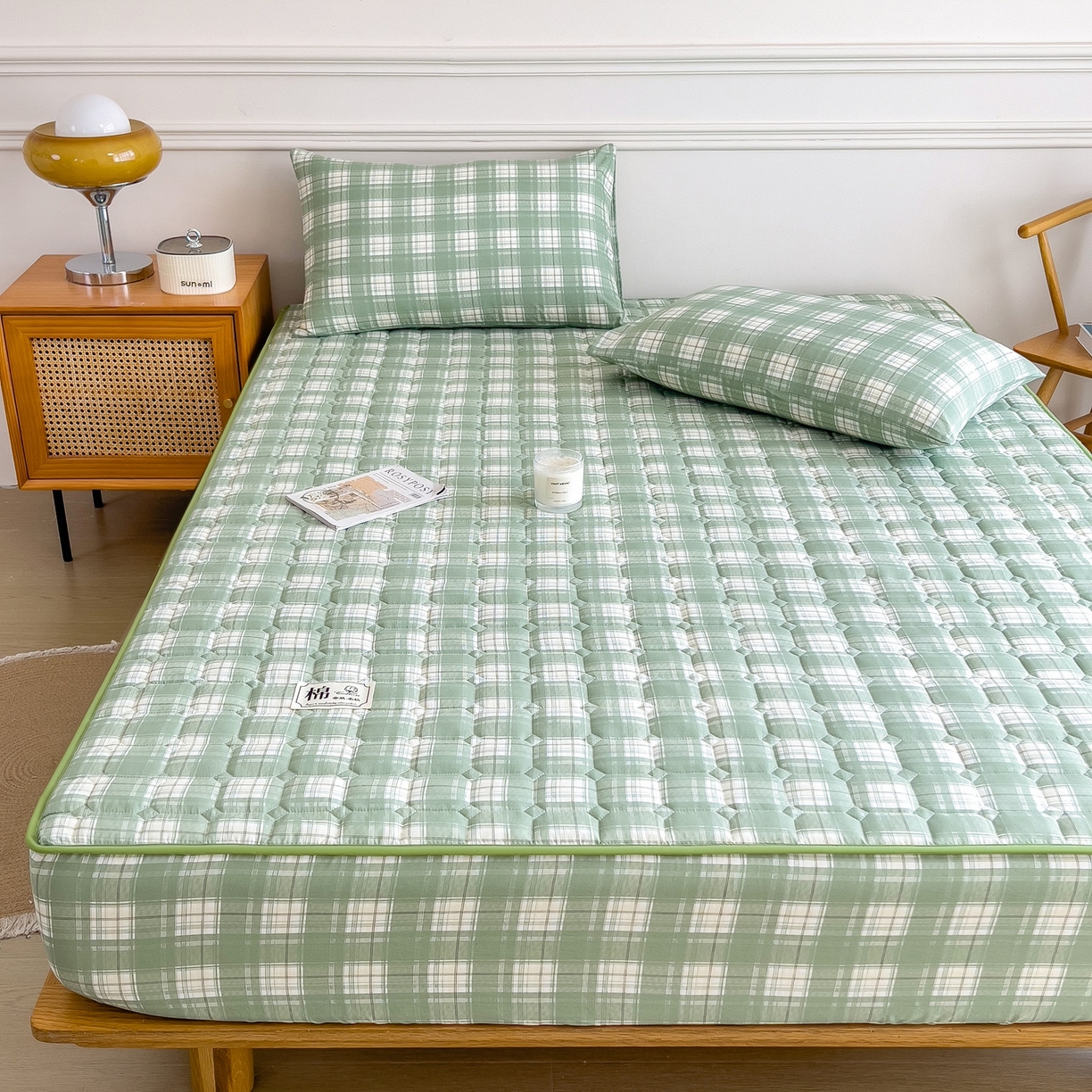 91家纺网 家纺一手货源 找家纺 蕾诺家纺 2025新款新疆棉花夹棉床垫床笠保护套 心语-绿