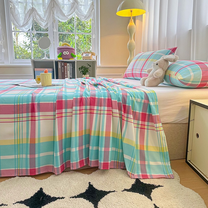 91家纺网 家纺一手货源 找家纺 雨彤家纺 2025新款A类母婴级软糯糯云朵水洗棉床单 春彩格