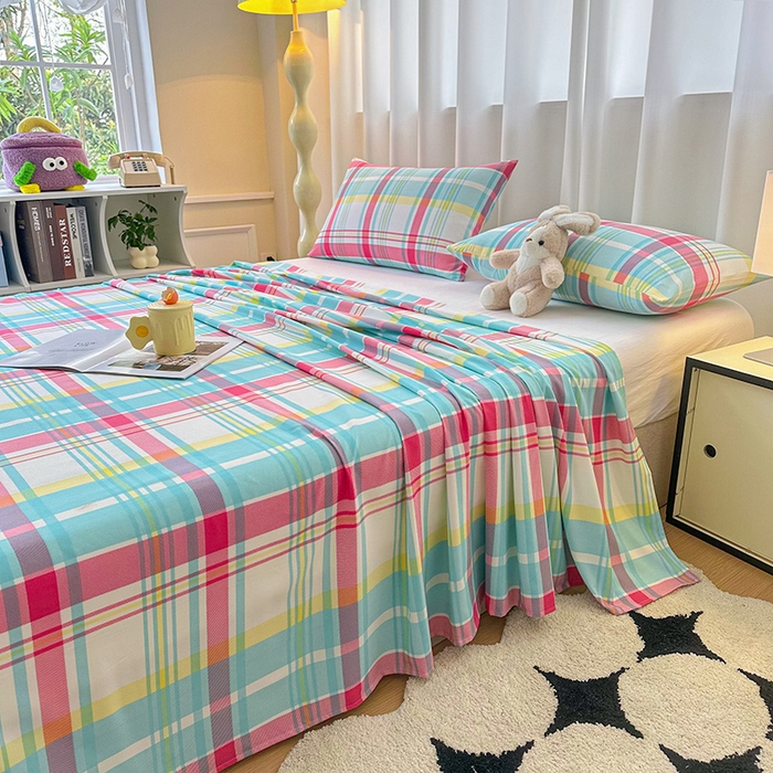 91家纺网 家纺一手货源 找家纺 雨彤家纺 2025新款A类母婴级软糯糯云朵水洗棉床单 春彩格